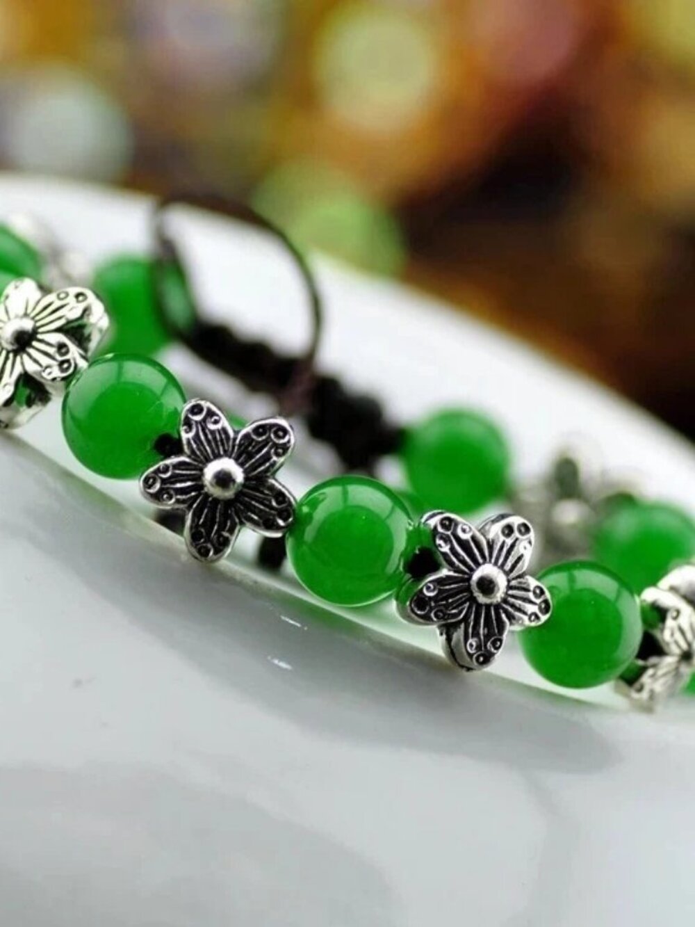 Green Agate Bead Bracelet Silver Flower Spacer Boho Adjustable